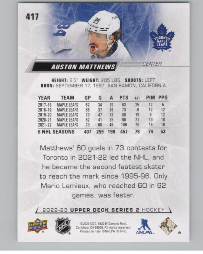 2022-23 Upper Deck #417 Auston Matthews  Toronto Maple Leafs  V100818 Image 2