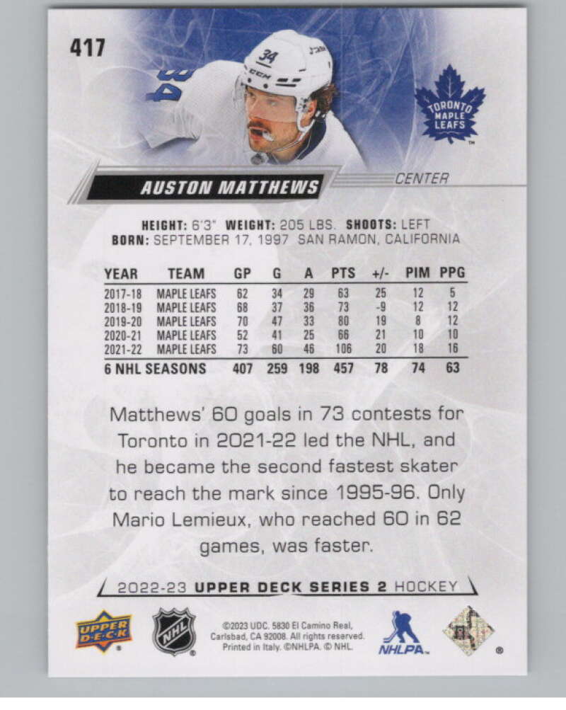 2022-23 Upper Deck #417 Auston Matthews  Toronto Maple Leafs  V100819 Image 2