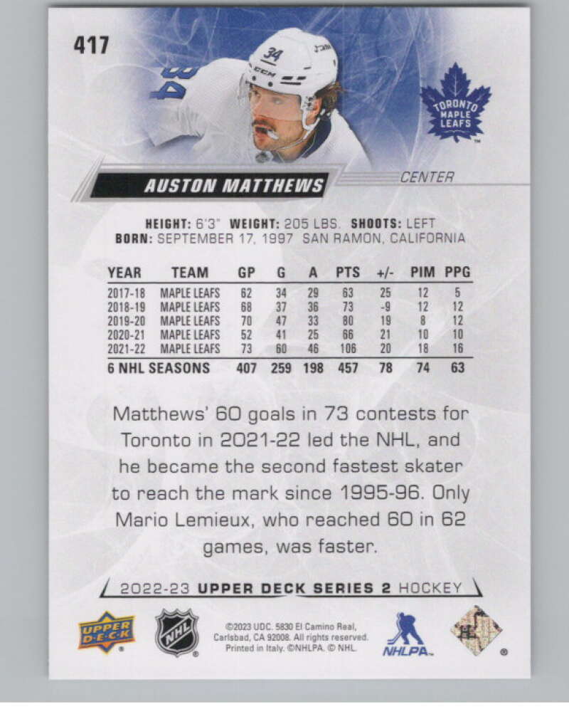 2022-23 Upper Deck #417 Auston Matthews  Toronto Maple Leafs  V100824 Image 2