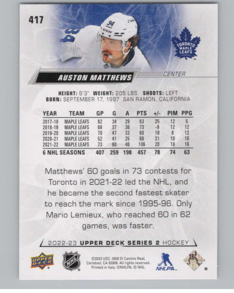 2022-23 Upper Deck #417 Auston Matthews  Toronto Maple Leafs  V100825 Image 2