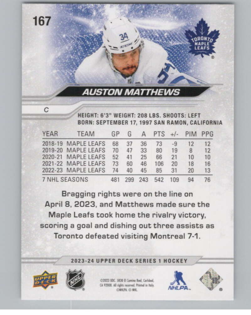 2023-24 Upper Deck #167 Auston Matthews  Toronto Maple Leafs  V100830 Image 2