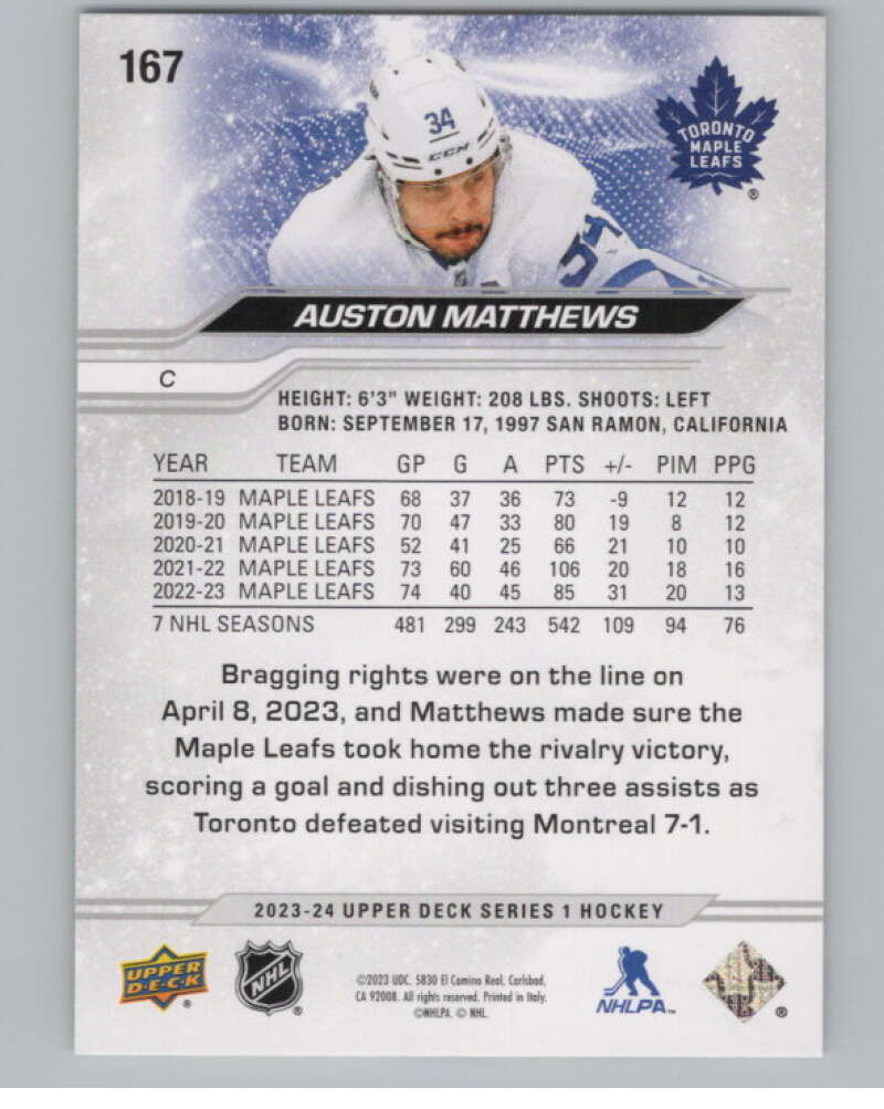 2023-24 Upper Deck #167 Auston Matthews  Toronto Maple Leafs  V100836 Image 2