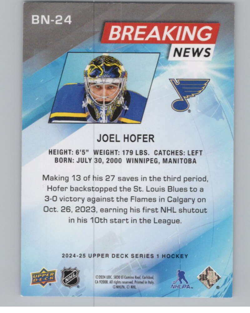 2024-25 Upper Deck Breaking News #BN-24 Joel Hofer  St. Louis Blues  V100845 Image 2