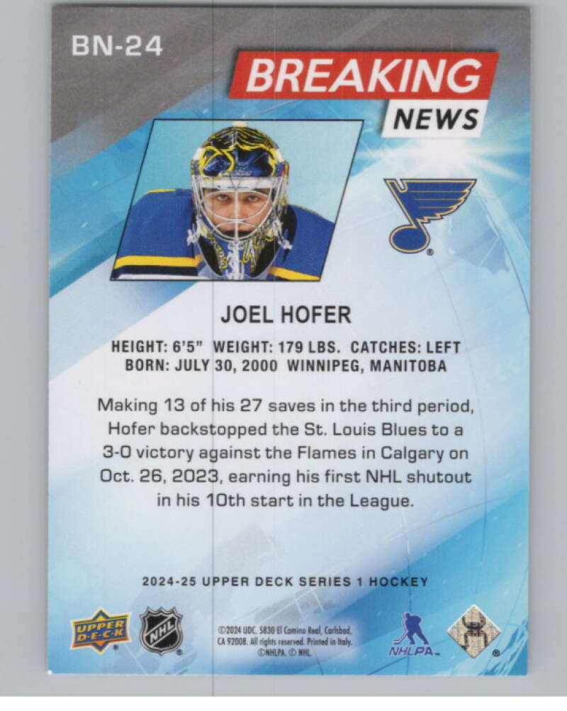 2024-25 Upper Deck Breaking News #BN-24 Joel Hofer  St. Louis Blues  V100846 Image 2
