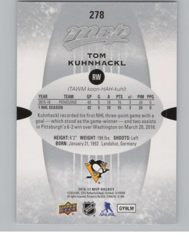 2016-17 Upper Deck MVP #278 Tom Kuhnhackl  Pittsburgh Penguins  V100851 Image 2