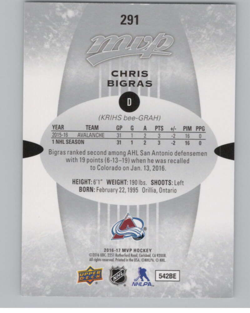 2016-17 Upper Deck MVP #291 Chris Bigras  Colorado Avalanche  V100853 Image 2