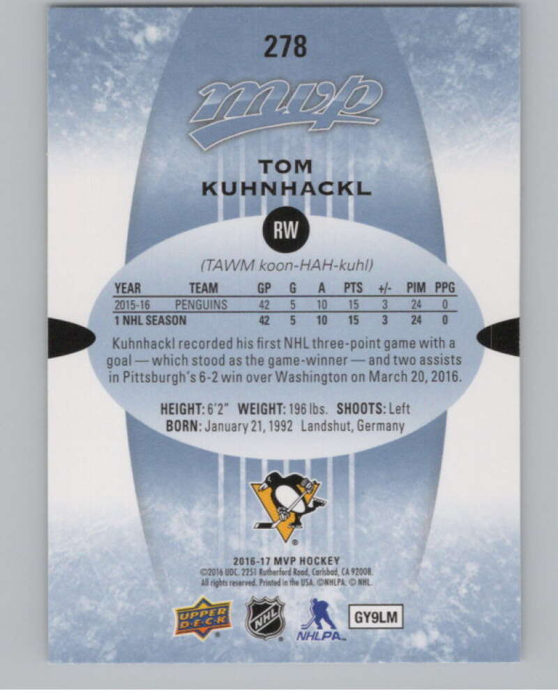 2016-17 Upper Deck MVP #278 Tom Kuhnhackl  Pittsburgh Penguins  V100859 Image 2