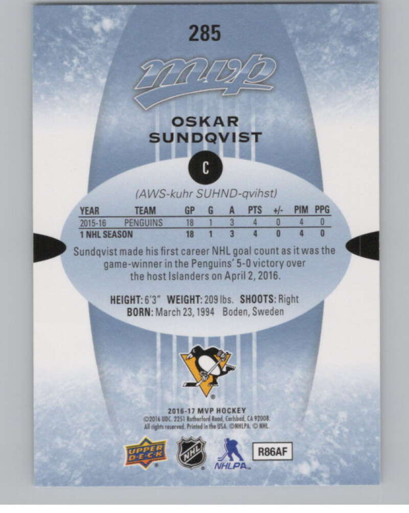 2016-17 Upper Deck MVP #285 Oskar Sundqvist  Pittsburgh Penguins  V100861 Image 2
