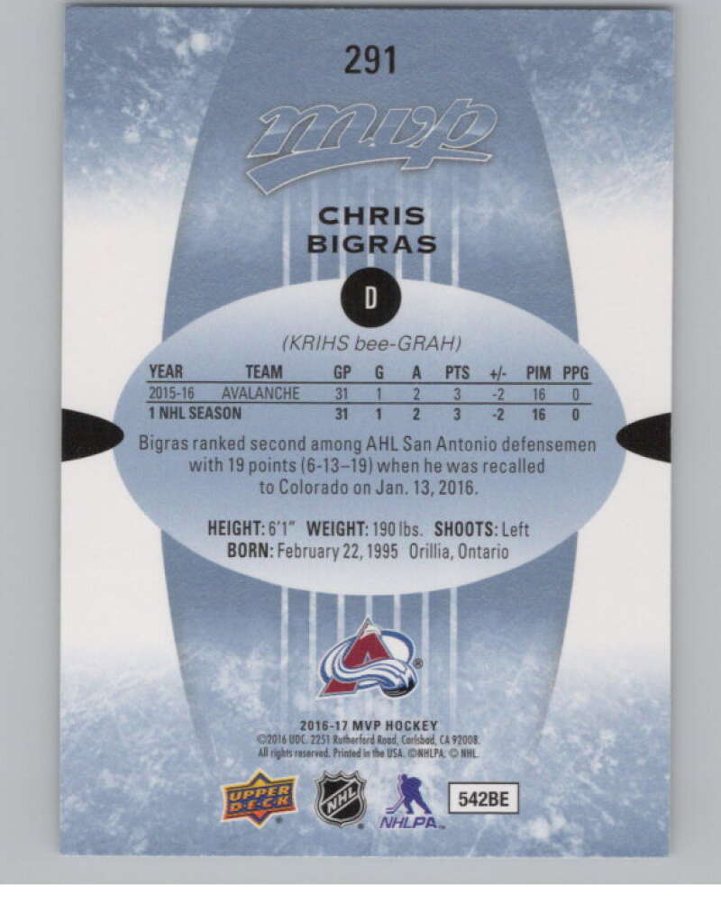 2016-17 Upper Deck MVP #291 Chris Bigras  Colorado Avalanche  V100865 Image 2