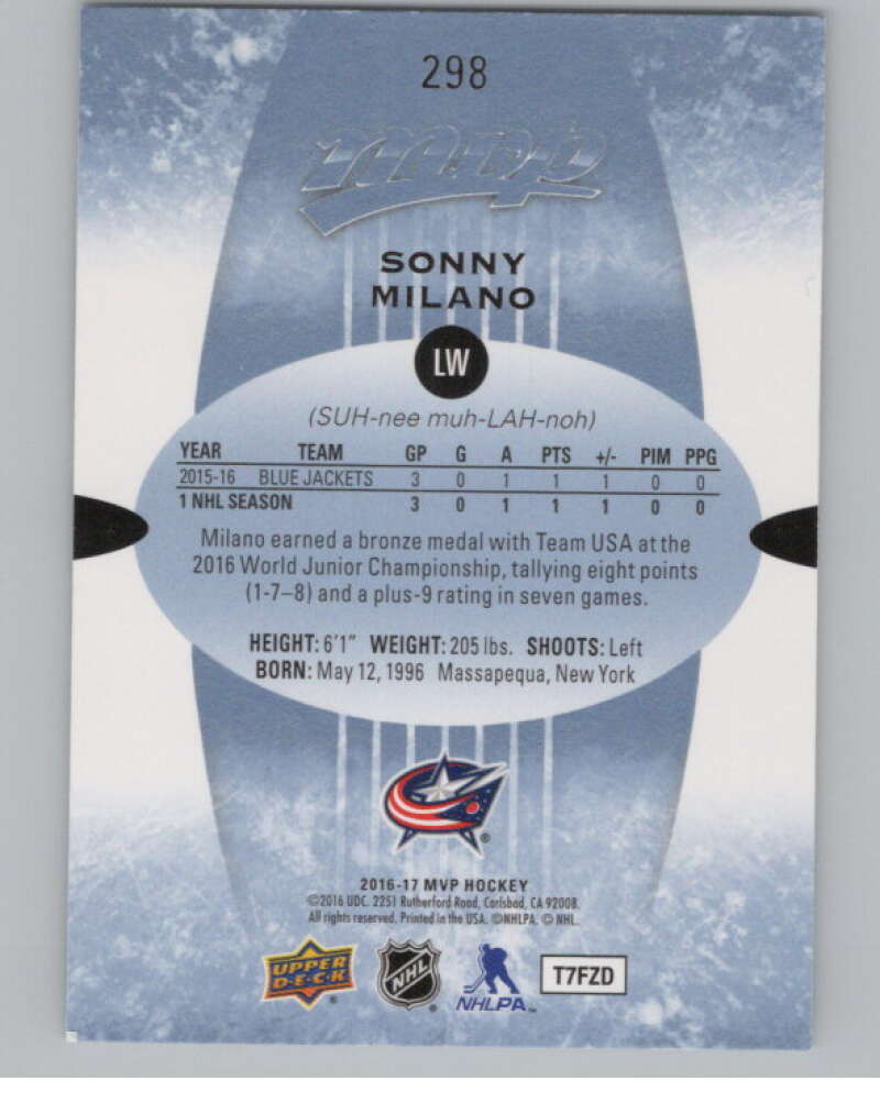 2016-17 Upper Deck MVP #298 Sonny Milano  Columbus Blue Jackets  V100870 Image 2