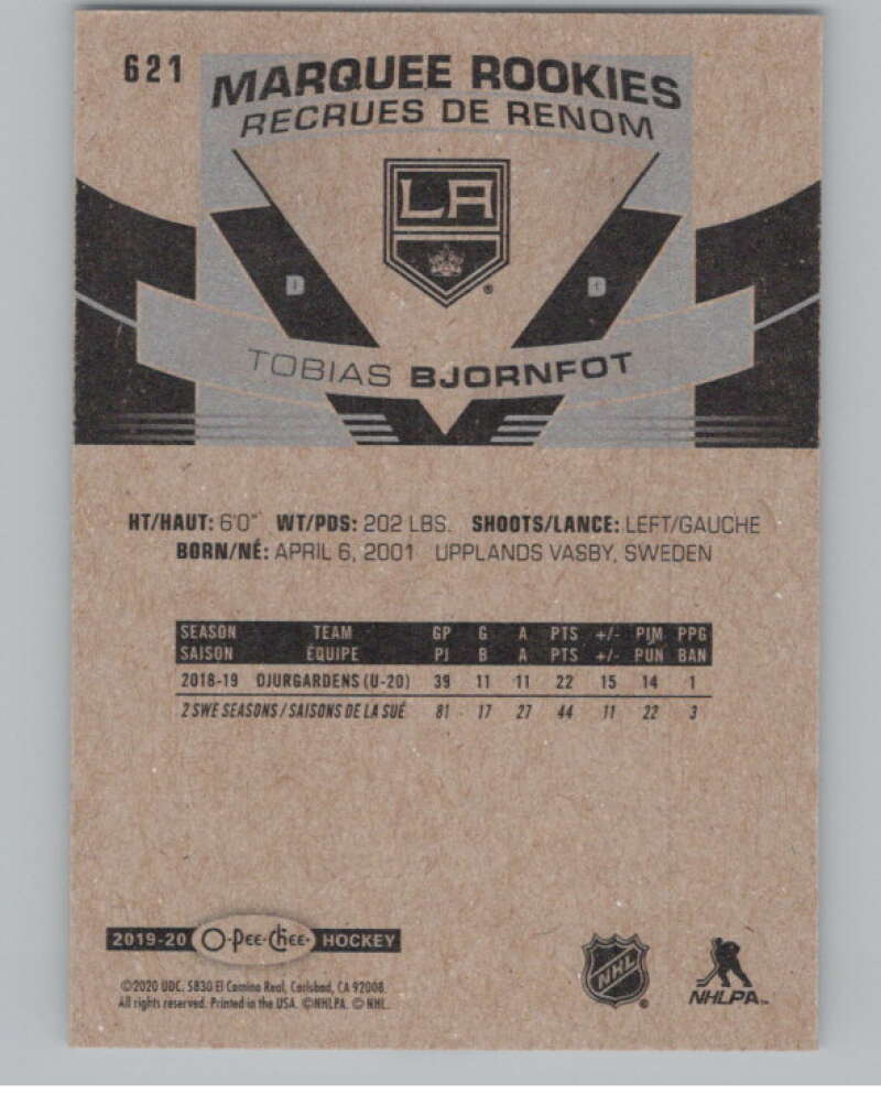 2019-20 O-Pee-Chee #621 Tobias Bjornfot  RC Rookie Los Angeles Kings  V100881 Image 2