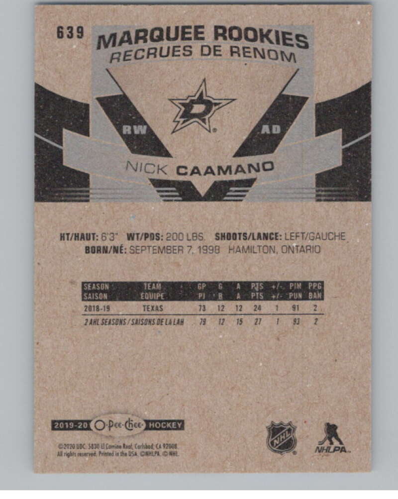 2019-20 O-Pee-Chee Blue Border #639 Nick Caamano  Dallas Stars  V100882 Image 2