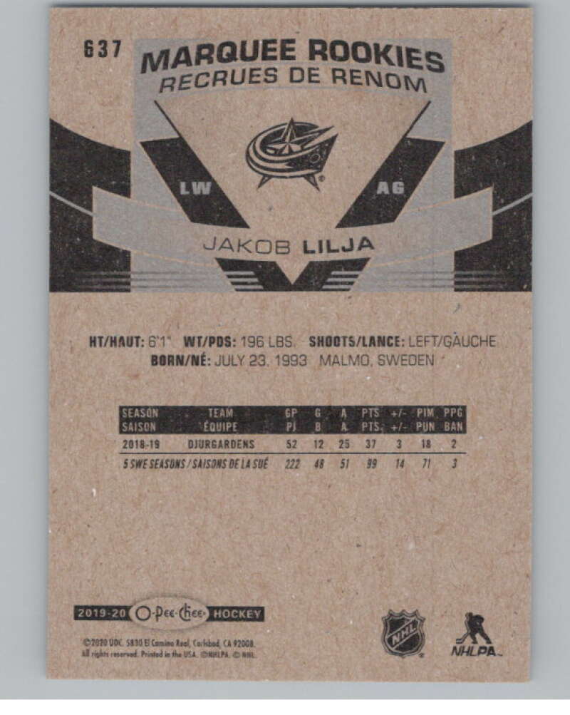 2019-20 O-Pee-Chee Blue Border #637 Jakob Lilja  Columbus Blue Jackets  V100883 Image 2