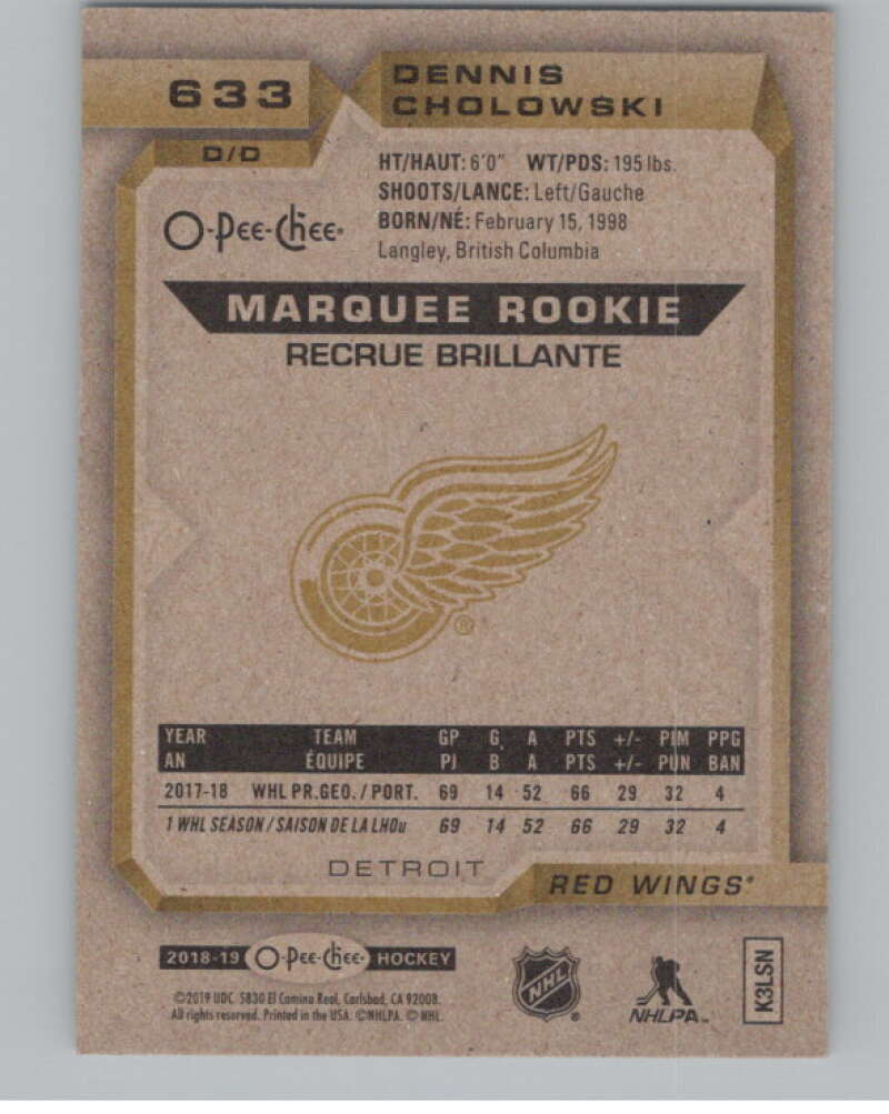 2018-19 O-Pee-Chee #633 Dennis Cholowski  RC Rookie Detroit Red Wings  V100885 Image 2