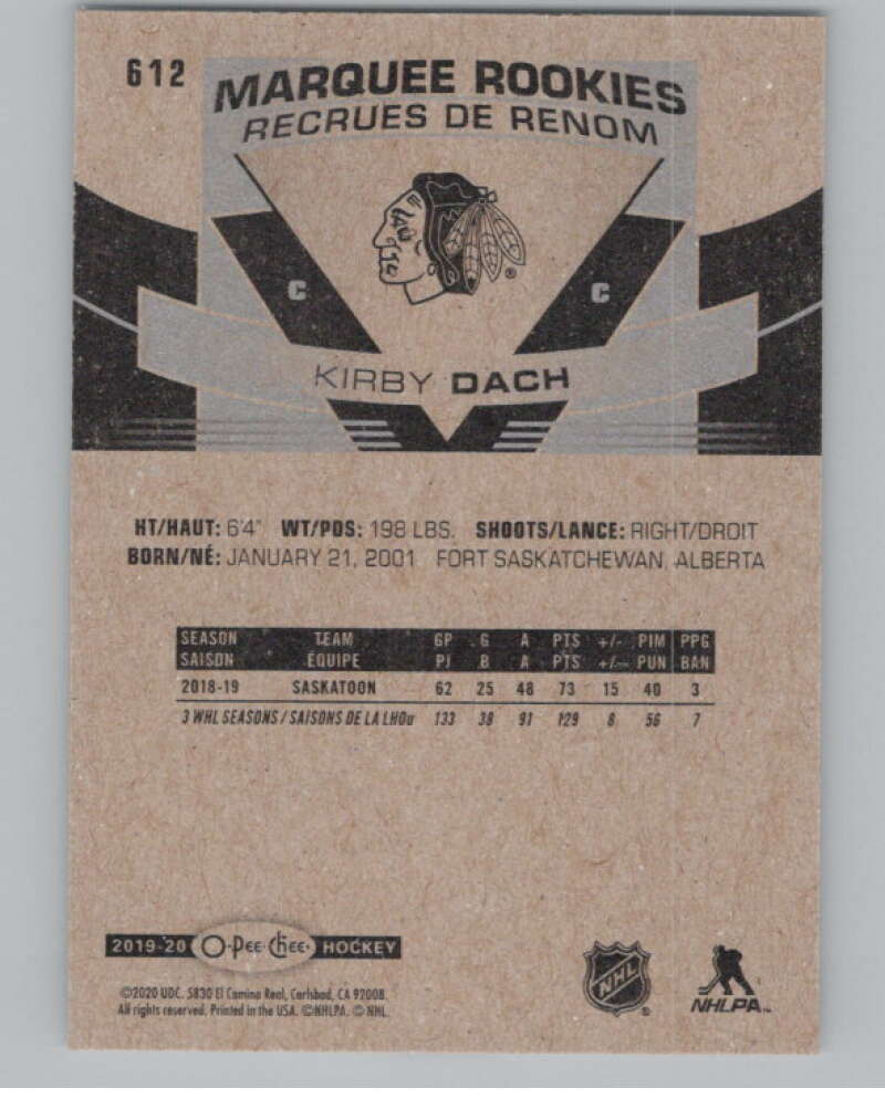 2019-20 O-Pee-Chee #612 Kirby Dach  RC Rookie Chicago Blackhawks  V100887 Image 2