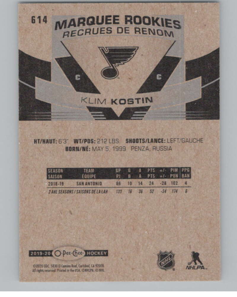 2019-20 O-Pee-Chee #614 Klim Kostin  RC Rookie St. Louis Blues  V100889 Image 2