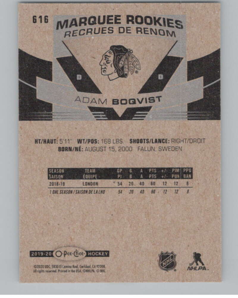 2019-20 O-Pee-Chee #616 Adam Boqvist  RC Rookie Chicago Blackhawks  V100891 Image 2