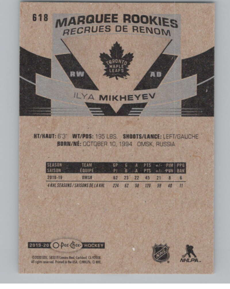 2019-20 O-Pee-Chee #618 Ilya Mikheyev  RC Rookie Toronto Maple Leafs  V100892 Image 2