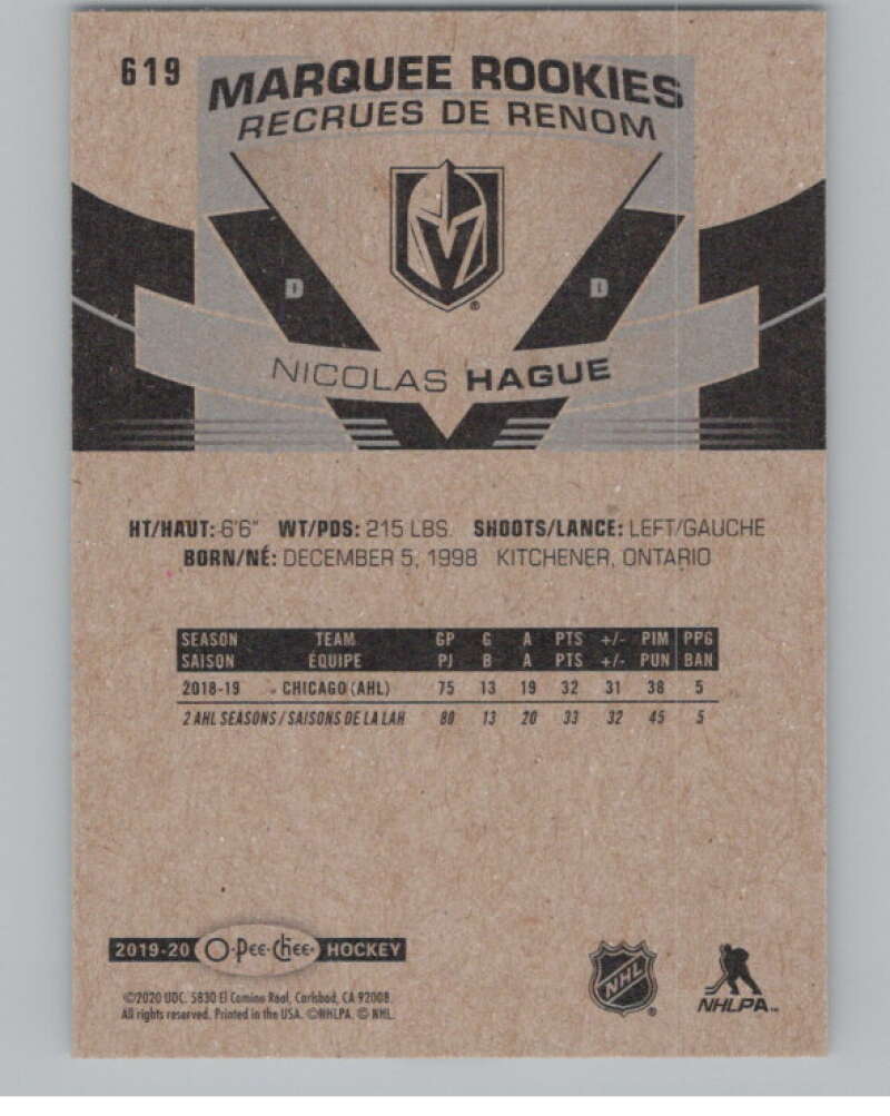 2019-20 O-Pee-Chee #619 Nicolas Hague  RC Rookie Vegas Golden Knights  V100893 Image 2