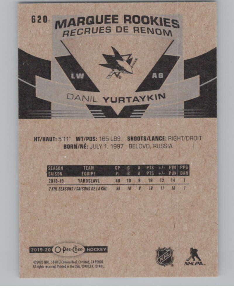 2019-20 O-Pee-Chee #620 Danil Yurtaykin  RC Rookie San Jose Sharks  V100894 Image 2