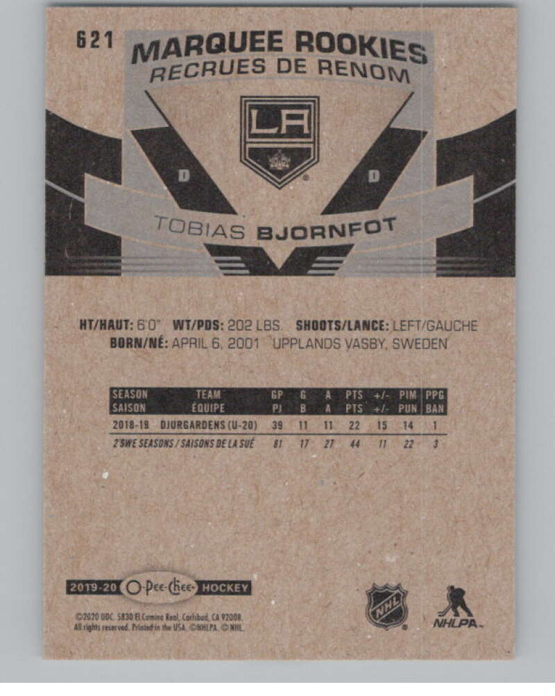 2019-20 O-Pee-Chee #621 Tobias Bjornfot  RC Rookie Los Angeles Kings  V100895 Image 2