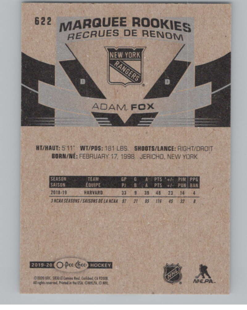 2019-20 O-Pee-Chee #622 Adam Fox  RC Rookie New York Rangers  V100896 Image 2
