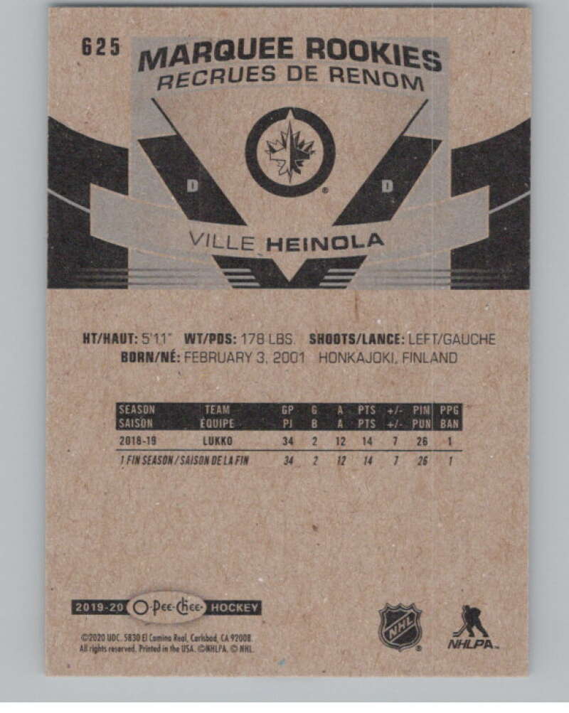 2019-20 O-Pee-Chee #625 Ville Heinola  RC Rookie Winnipeg Jets  V100899 Image 2