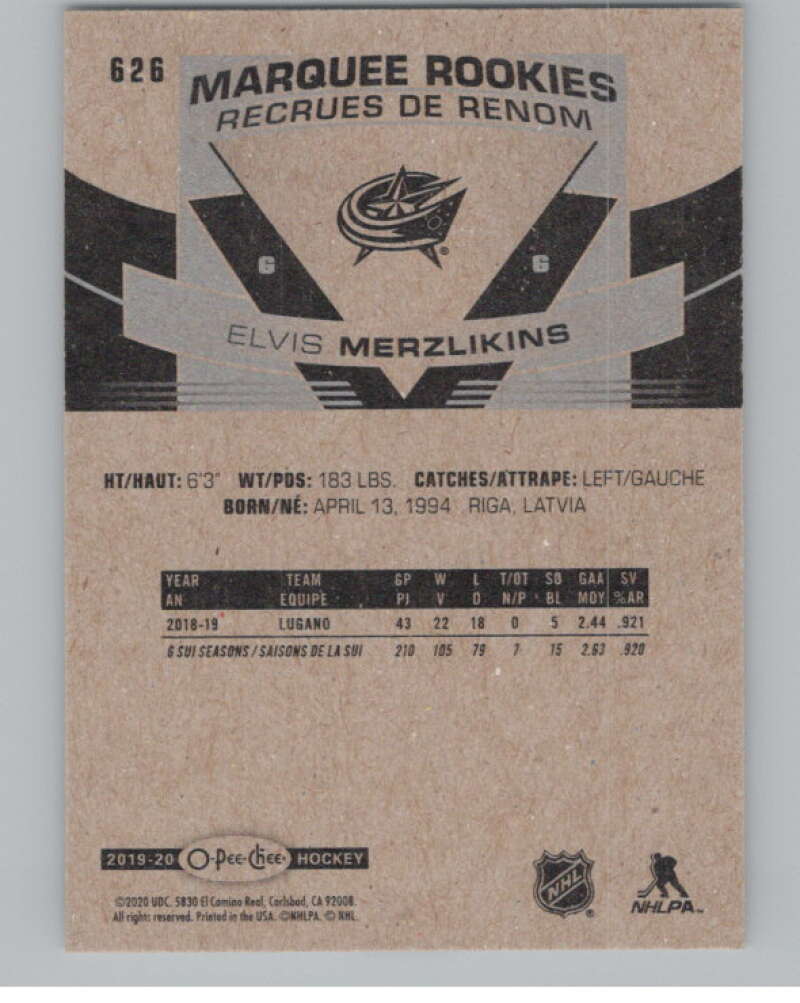 2019-20 O-Pee-Chee #626 Elvis Merzlikins  RC Rookie Jackets  V100900 Image 2