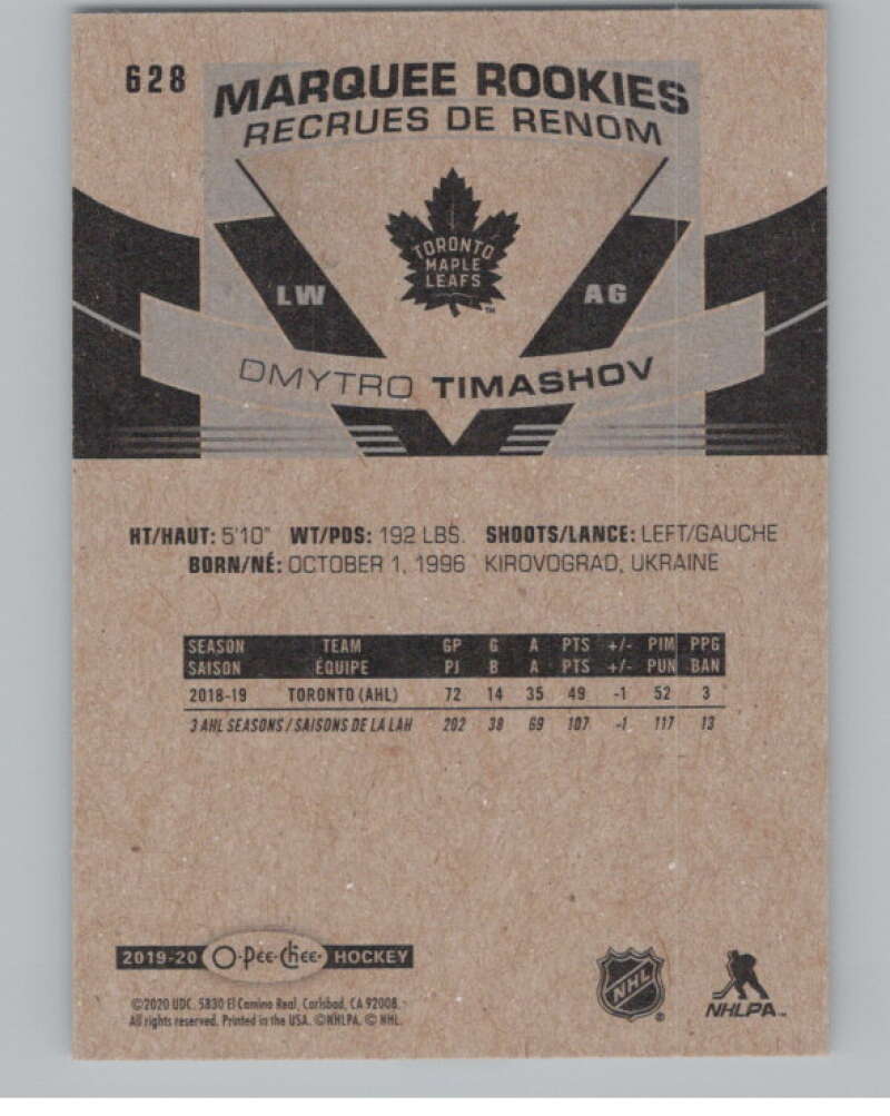2019-20 O-Pee-Chee #628 Dmytro Timashov  RC Rookie Toronto Maple Leafs  V100902 Image 2