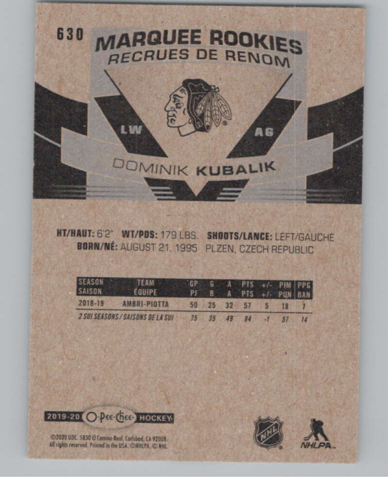 2019-20 O-Pee-Chee #630 Dominik Kubalik  RC Rookie Chicago Blackhawks  V100904 Image 2