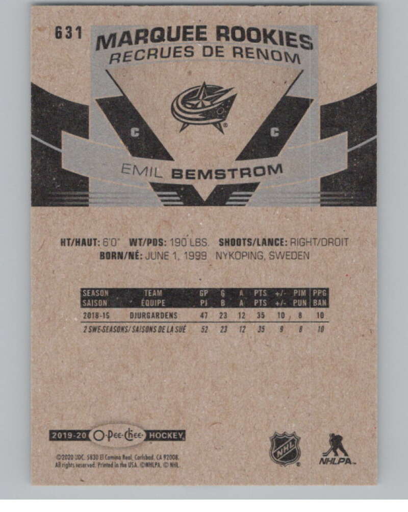 2019-20 O-Pee-Chee #631 Emil Bemstrom  RC Rookie Columbus Blue Jackets  V100905 Image 2