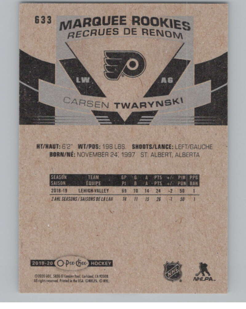 2019-20 O-Pee-Chee #633 Carsen Twarynski  RC Rookie Philadelphia Flyers  V100907 Image 2