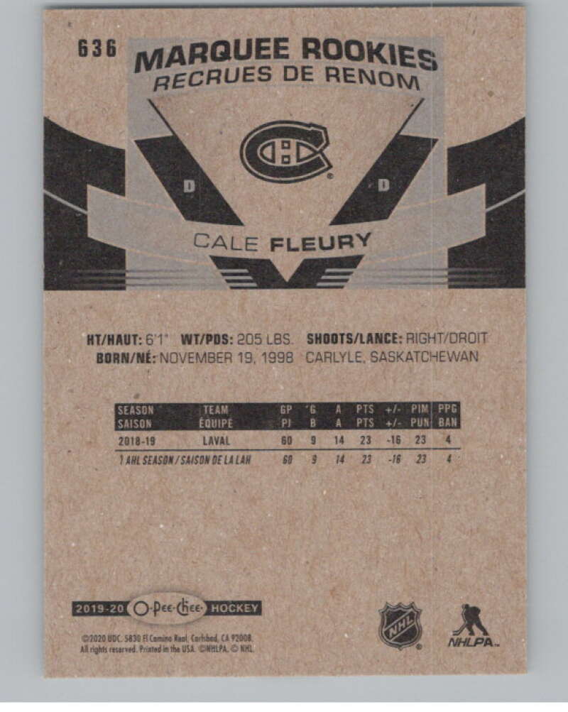 2019-20 O-Pee-Chee #636 Cale Fleury  RC Rookie Montreal Canadiens  V100910 Image 2