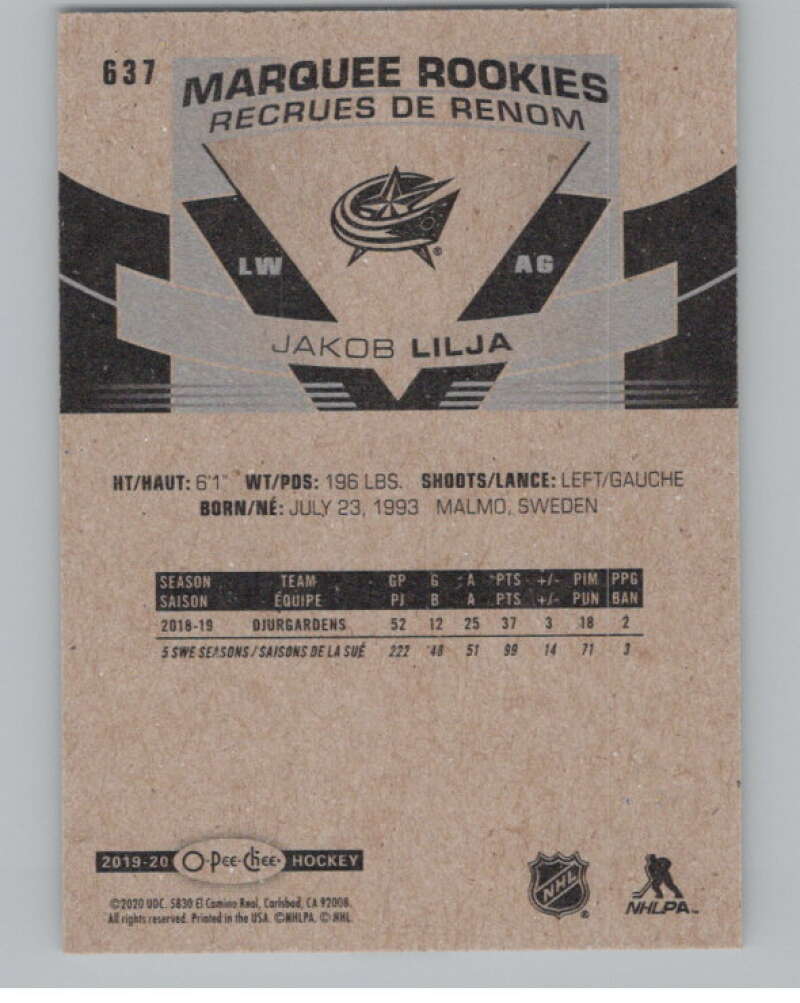 2019-20 O-Pee-Chee #637 Jakob Lilja  RC Rookie Columbus Blue Jackets  V100911 Image 2