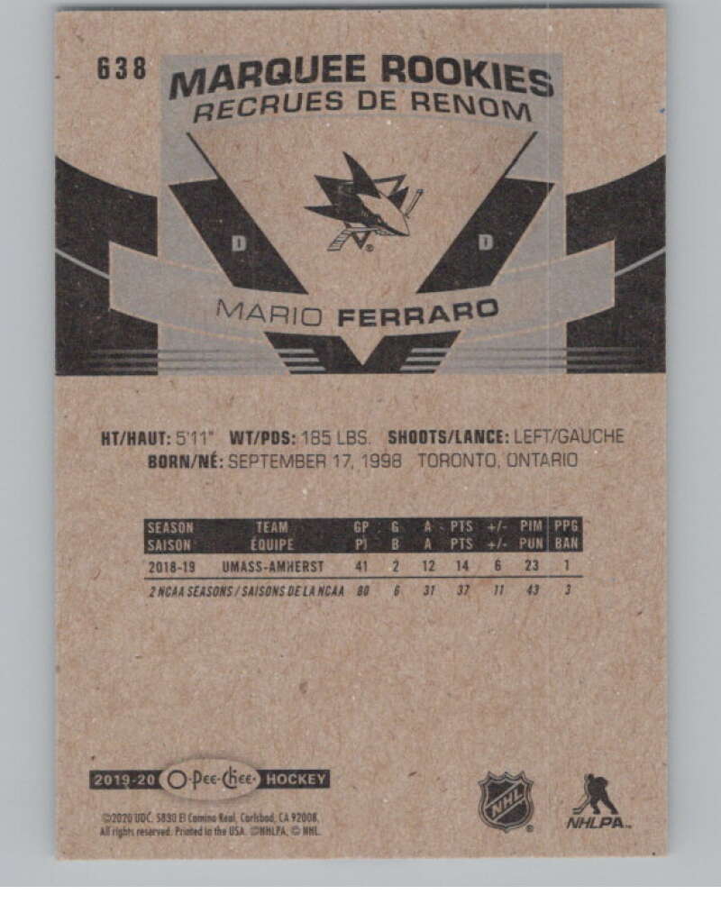 2019-20 O-Pee-Chee #638 Mario Ferraro  RC Rookie San Jose Sharks  V100912 Image 2