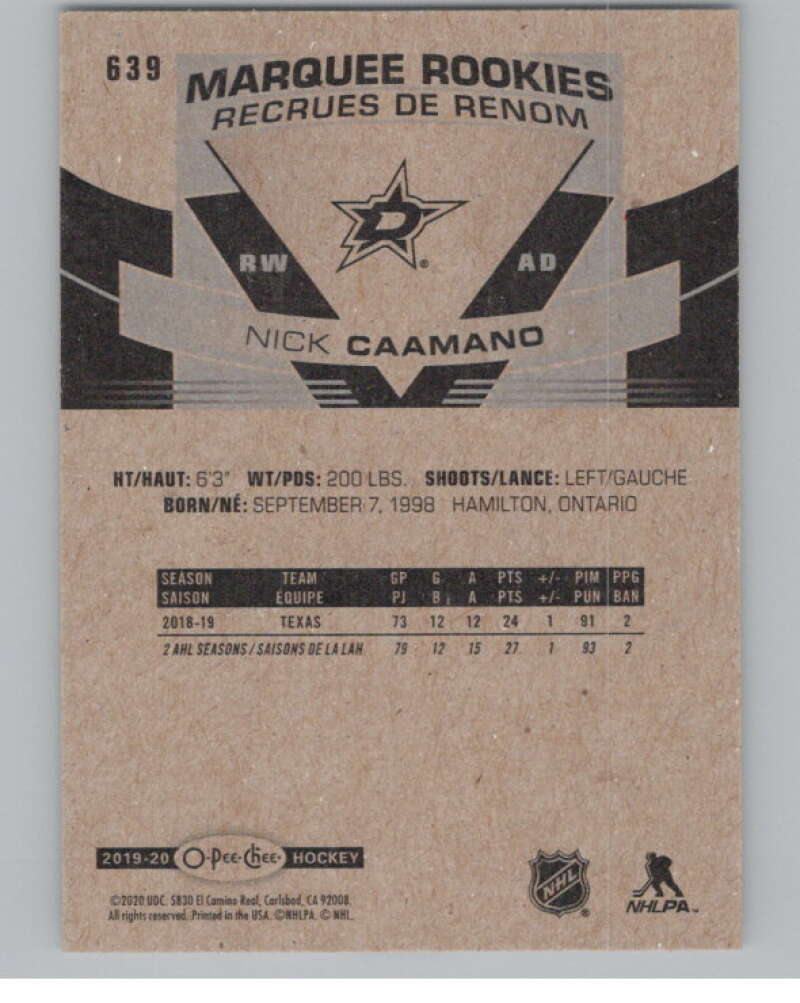 2019-20 O-Pee-Chee #639 Nick Caamano  RC Rookie Dallas Stars  V100913 Image 2