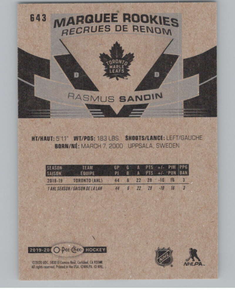 2019-20 O-Pee-Chee #643 Rasmus Sandin  RC Rookie Toronto Maple Leafs  V100914 Image 2