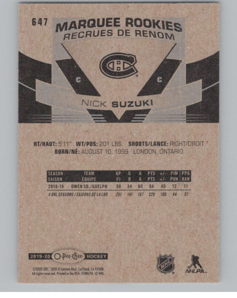 2019-20 O-Pee-Chee #647 Nick Suzuki  RC Rookie Montreal Canadiens  V100915 Image 2