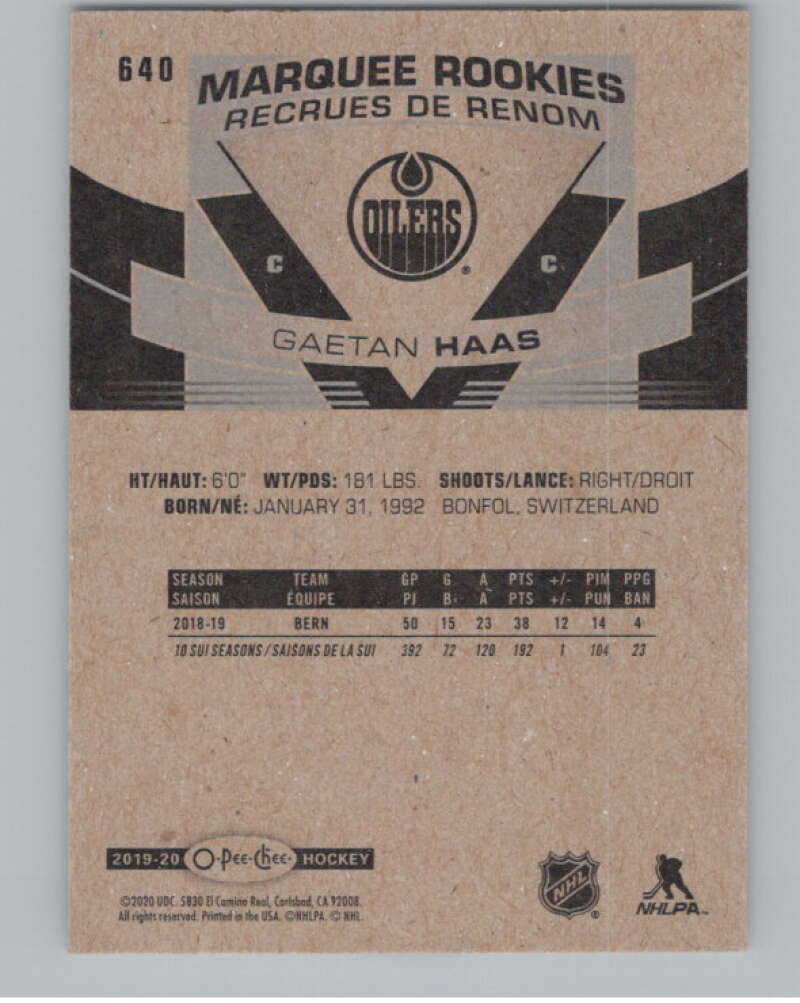 2019-20 O-Pee-Chee #640 Gaetan Haas  RC Rookie Edmonton Oilers  V100916 Image 2
