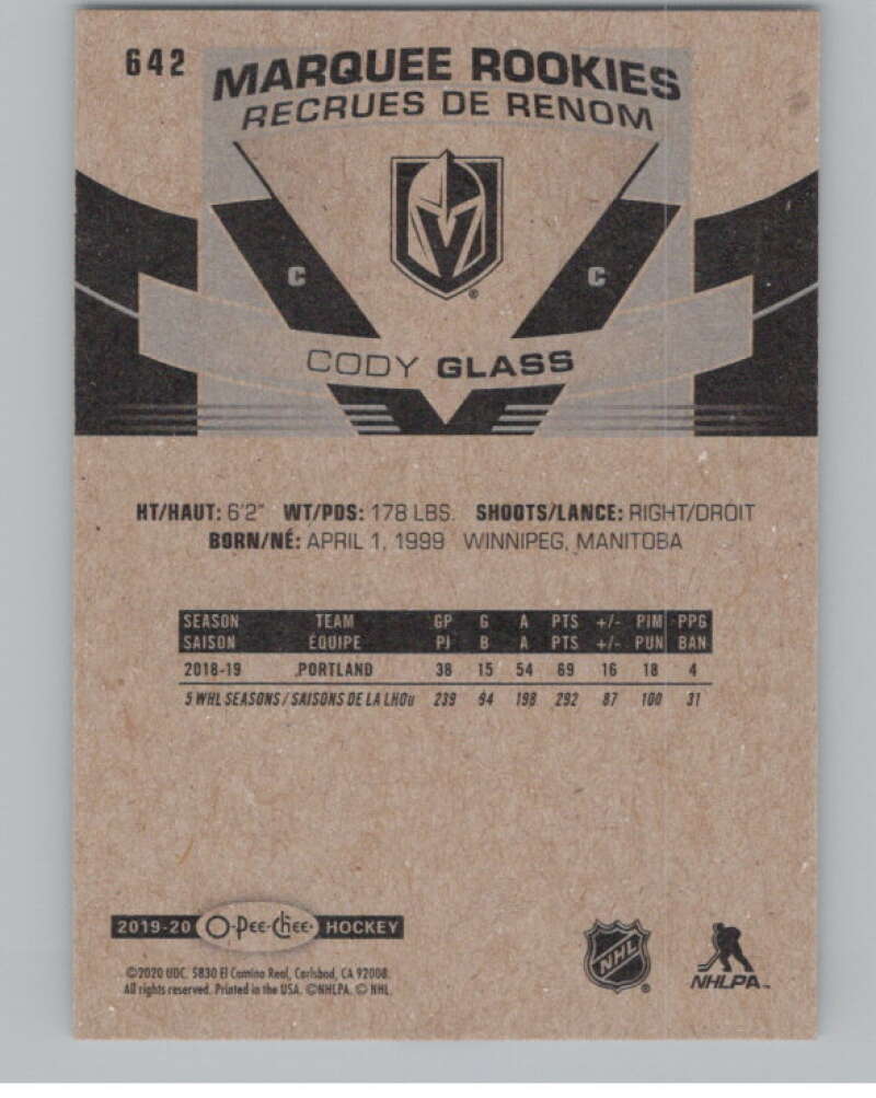2019-20 O-Pee-Chee #642 Cody Glass  RC Rookie Vegas Golden Knights  V100917 Image 2