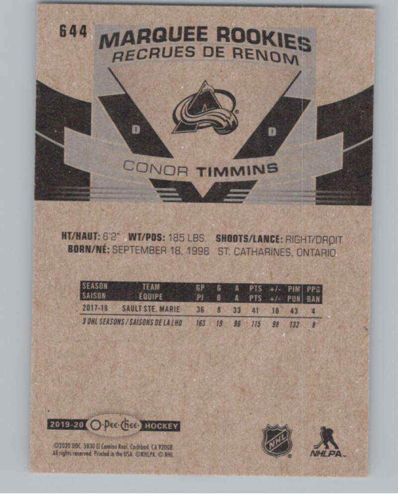 2019-20 O-Pee-Chee #644 Conor Timmins  RC Rookie Colorado Avalanche  V100918 Image 2