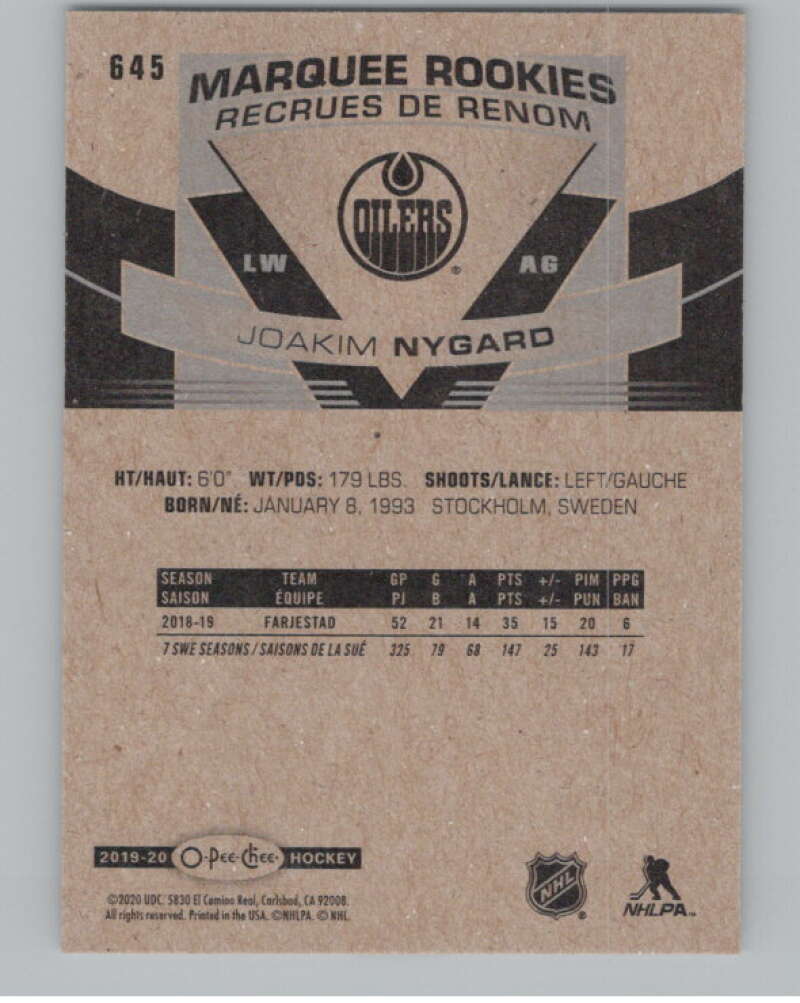 2019-20 O-Pee-Chee #645 Joakim Nygard  RC Rookie Edmonton Oilers  V100919 Image 2