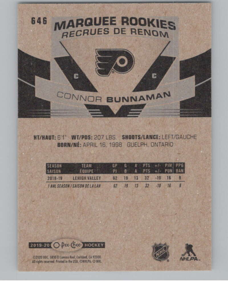 2019-20 O-Pee-Chee #646 Connor Bunnaman  RC Rookie Philadelphia Flyers  V100920 Image 2