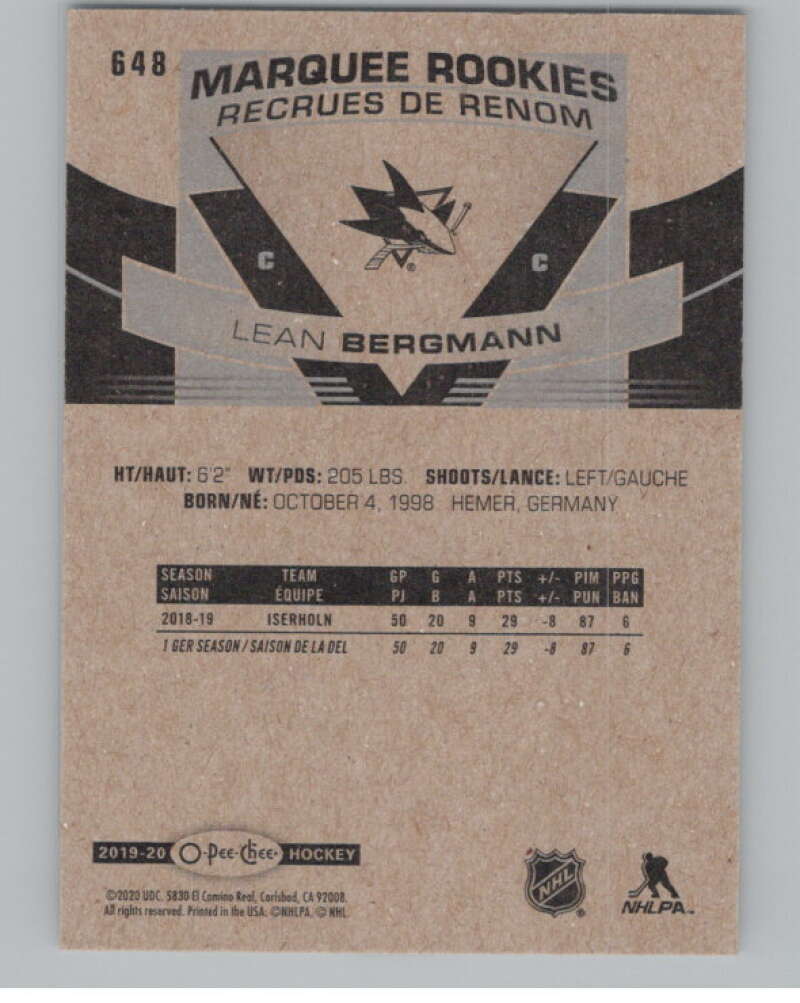 2019-20 O-Pee-Chee #648 Lean Bergmann  RC Rookie San Jose Sharks  V100921 Image 2