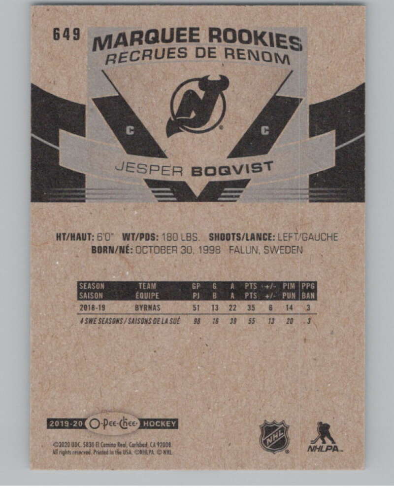 2019-20 O-Pee-Chee #649 Jesper Boqvist  RC Rookie New Jersey Devils  V100922 Image 2