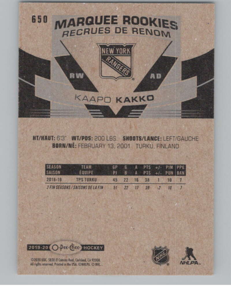 2019-20 O-Pee-Chee #650 Kaapo Kakko  RC Rookie New York Rangers  V100923 Image 2