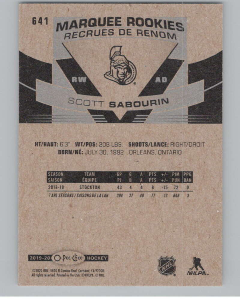 2019-20 O-Pee-Chee #641 Scott Sabourin  RC Rookie Ottawa Senators  V100924 Image 2