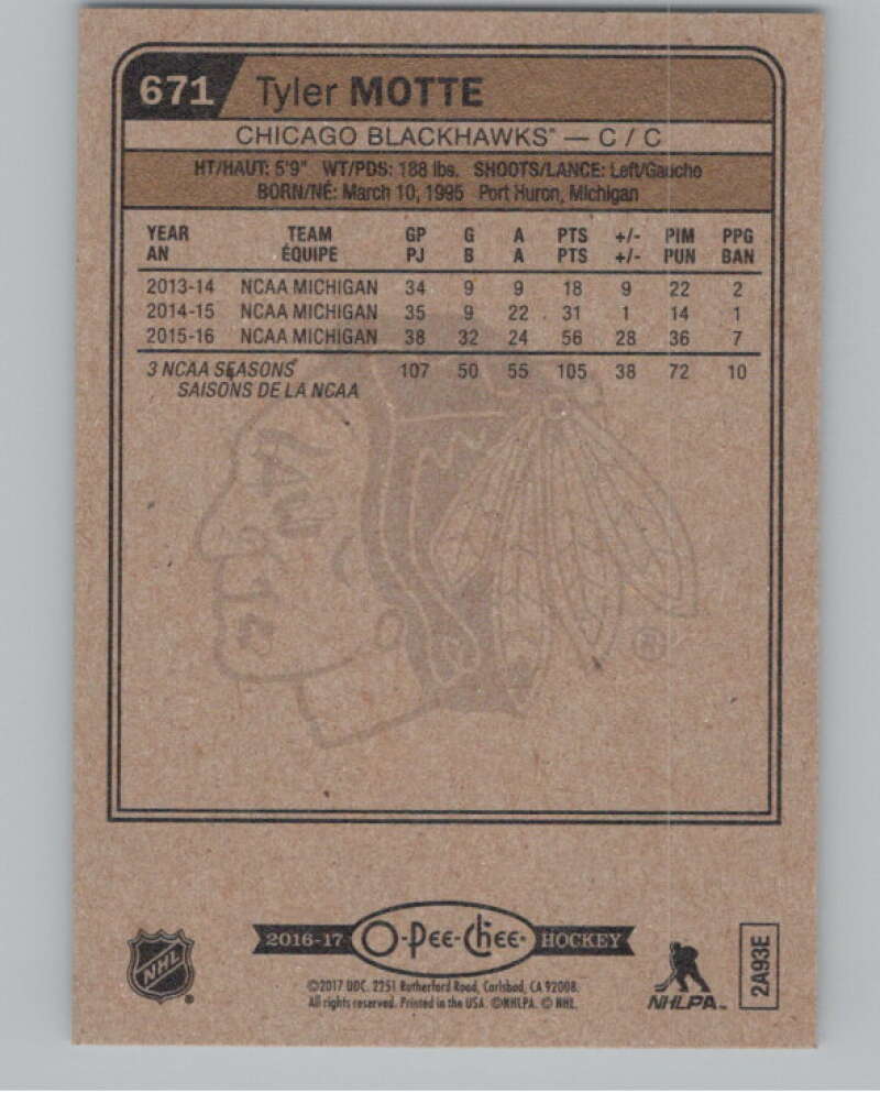 2016-17 O-Pee-Chee #671B Tyler Motte  RC Rookie Chicago Blackhawks  V100925 Image 2