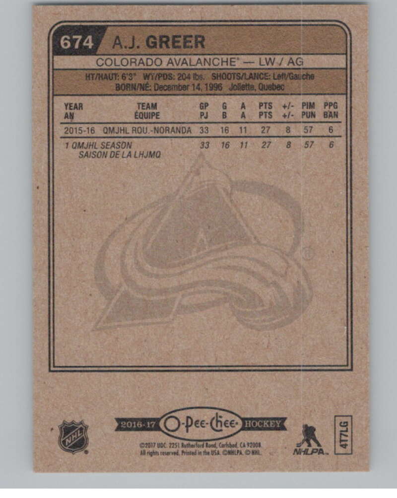 2016-17 O-Pee-Chee #674B A.J. Greer  RC Rookie Colorado Avalanche  V100927 Image 2