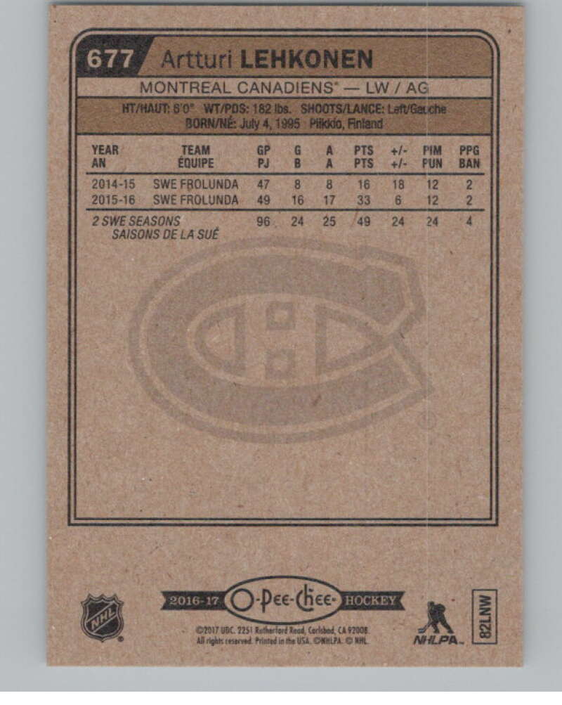 2016-17 O-Pee-Chee #677B Artturi Lehkonen  RC Rookie Montreal Canadiens  V100930 Image 2